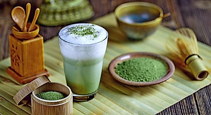 Matcha latte and tea ceremony equipment