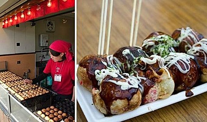 Takoyaki müüja ja Takoyaki kandikul.