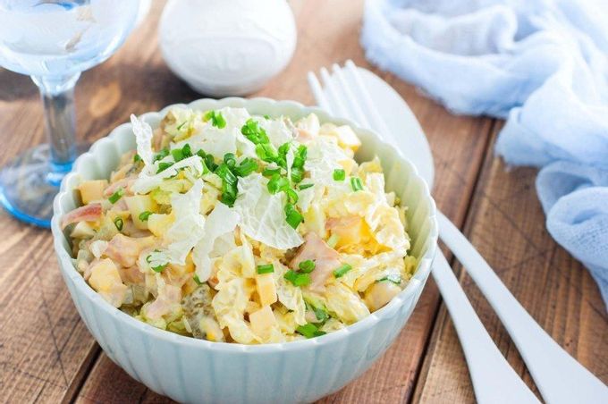 Salad with smoked chicken, eggs, pickles and pineapple